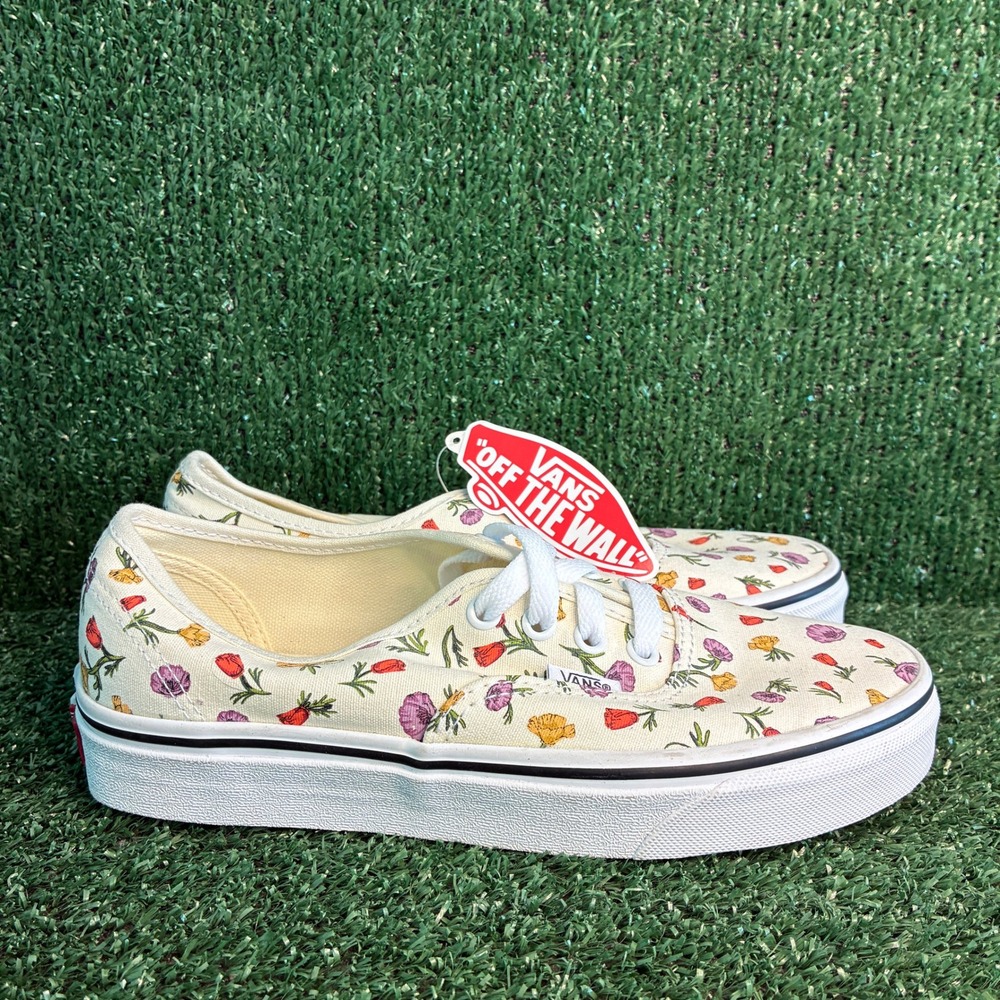 NEW Vans Authentic Poppy Floral Canvas Low Top Skate Sneaker Cream Womens Sz 7.5